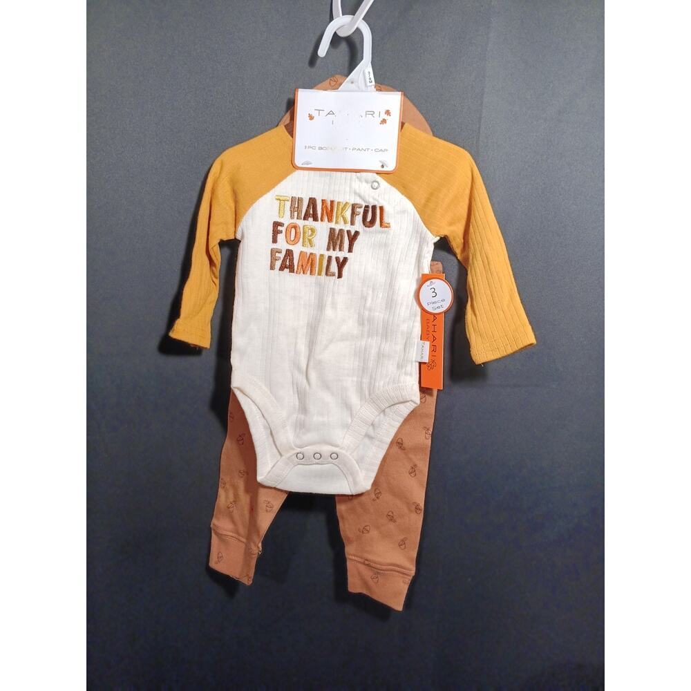 NEW Tahari Baby 3‑6M Thanksgiving 3‑Piece Outfit Thankful For My Family Acorns